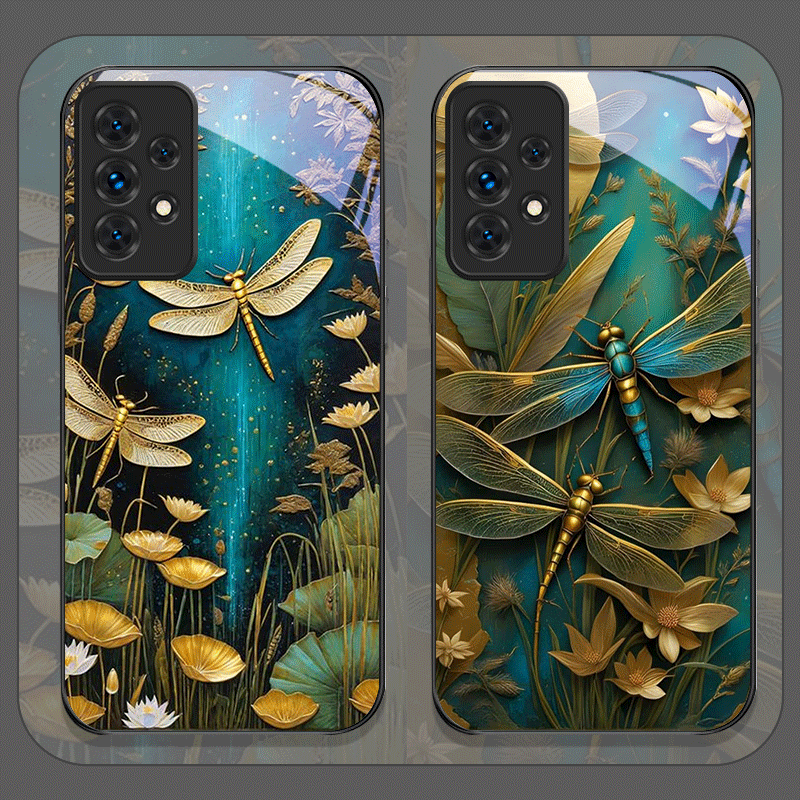 Embroidery Embellishments - Flower Golden Dragonfly Tempered Glass Phone