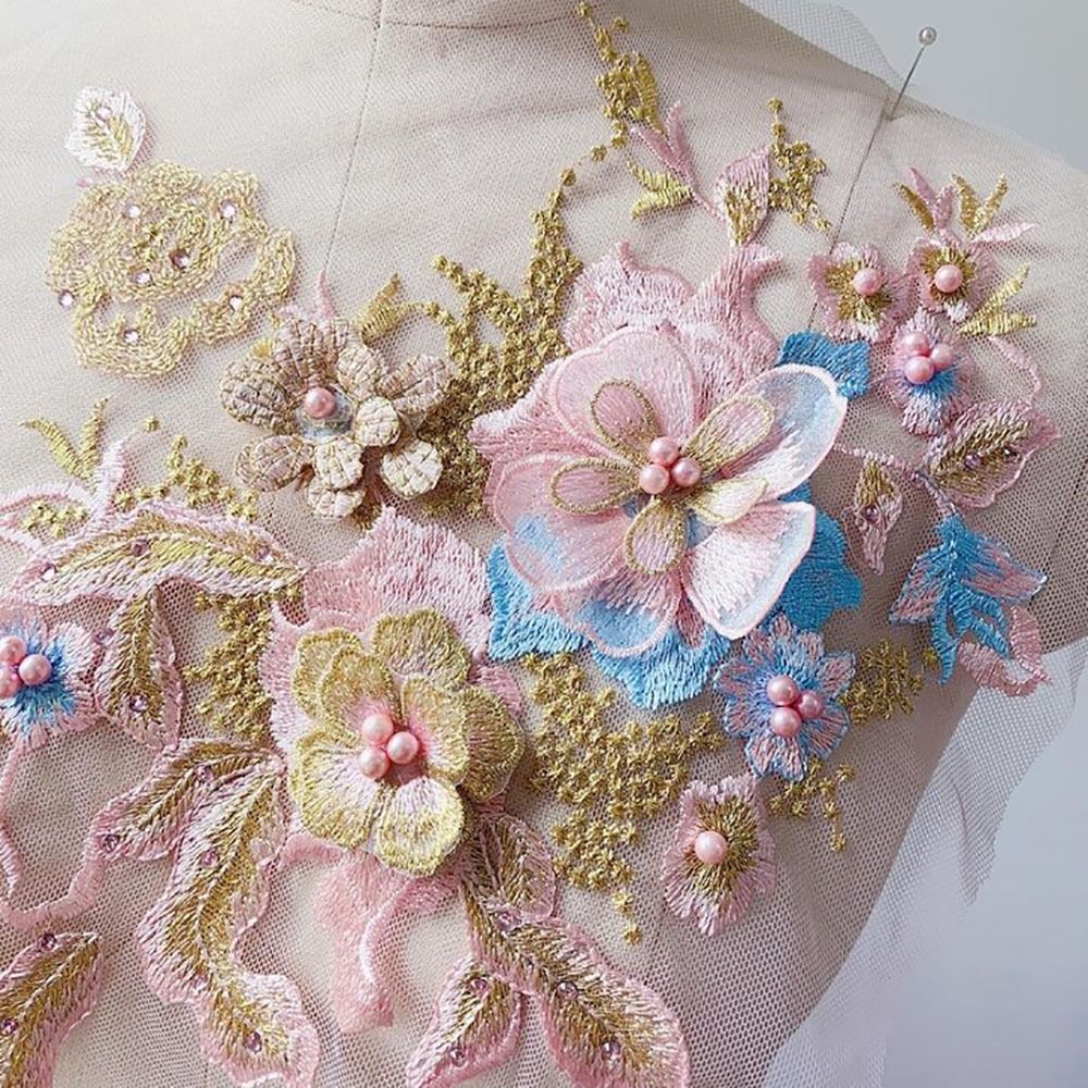 3D Flowers Beaded Lace Fabrics - Applique Patch Flower ulasan dan harga