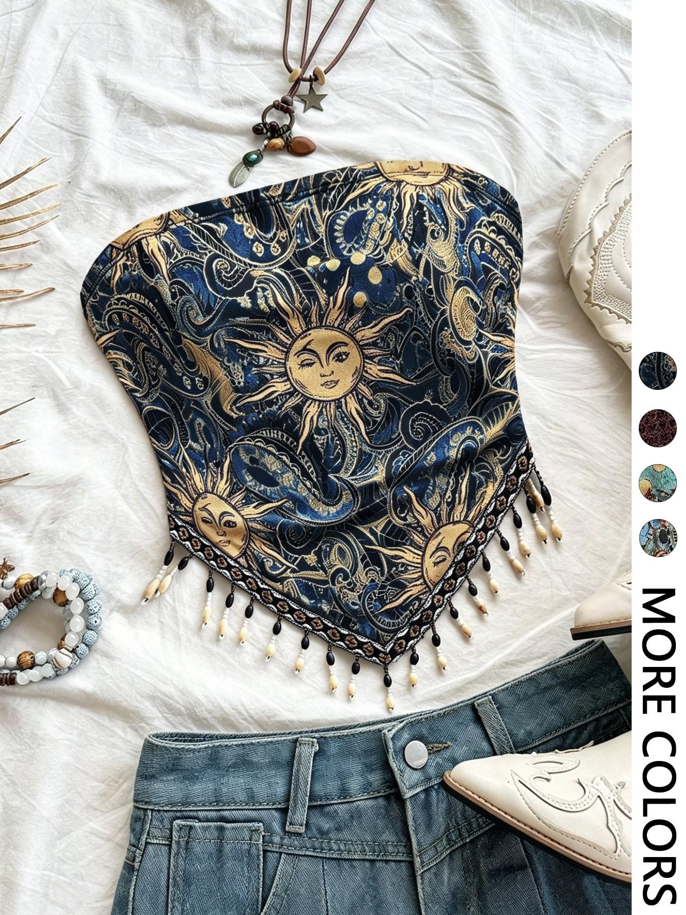 Ladies' 1pc Printed Mesh Knitt - Beaded Trim Fringe ulasan dan harga