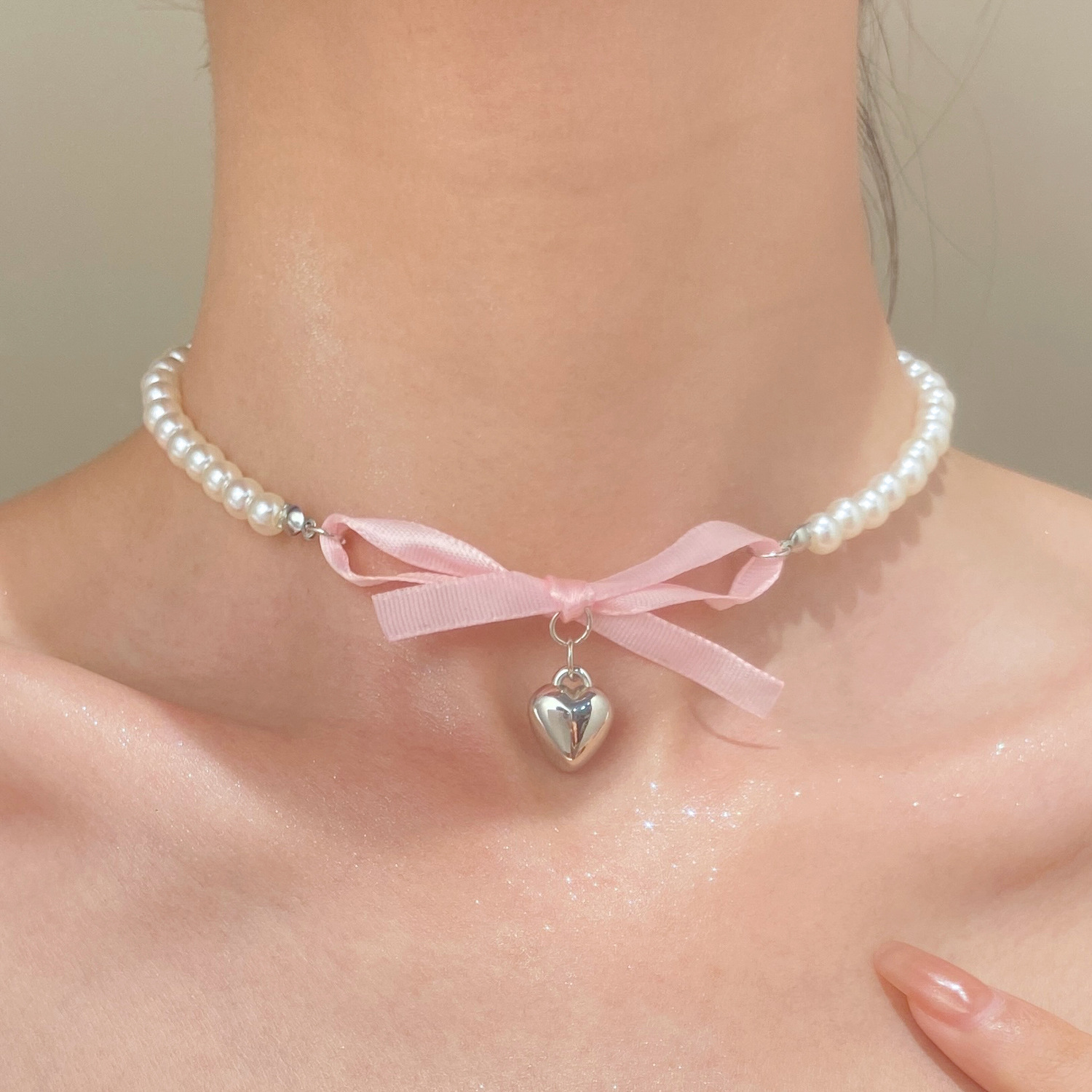 French Romantic Pink Bowknot H - Pearl Trim Chain ulasan dan harga