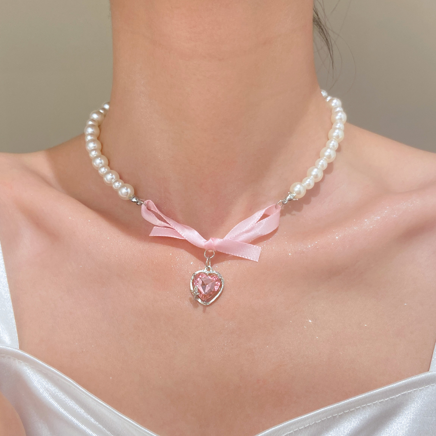 French Romantic Pink Bowknot H - Pearl Trim Chain ulasan dan harga