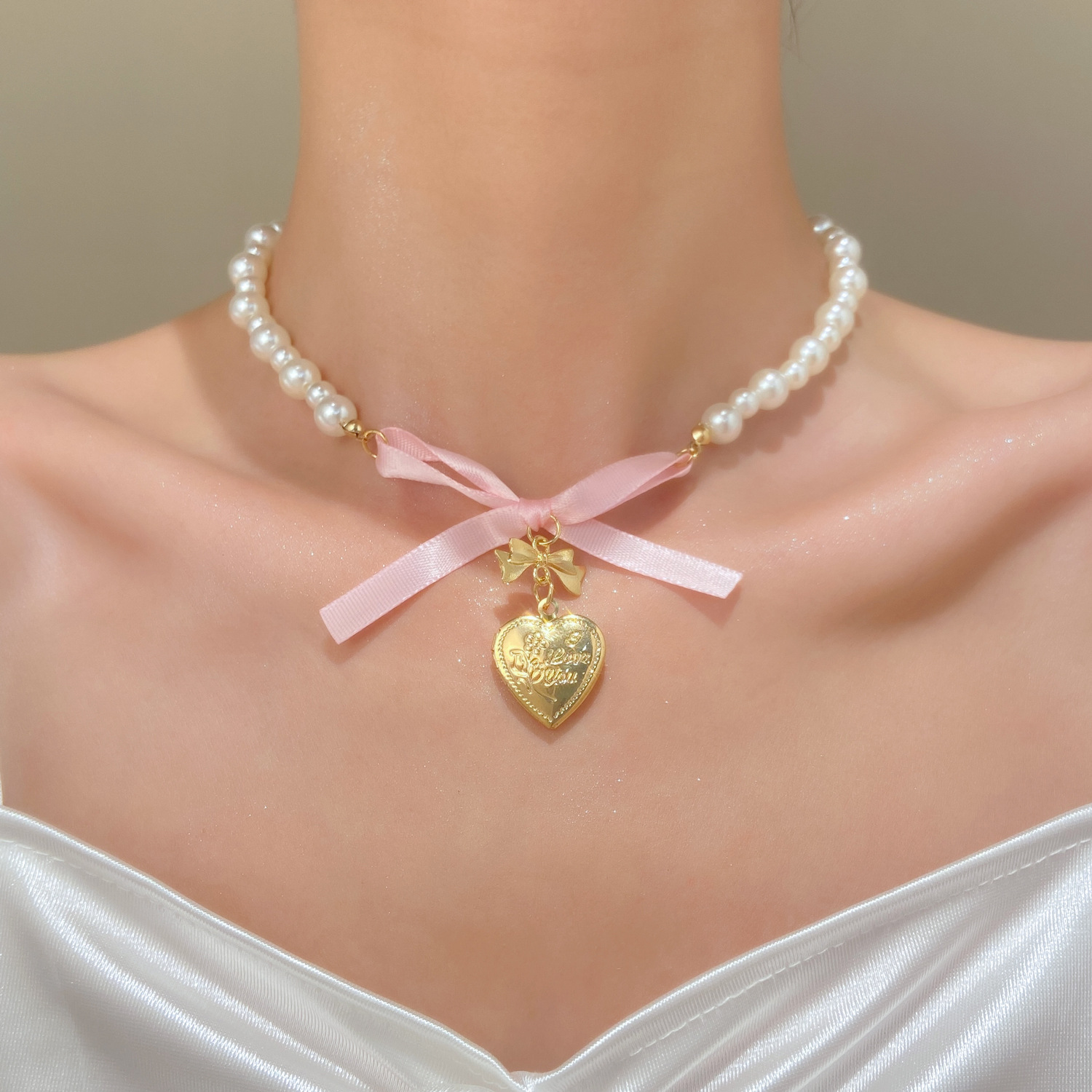 French Romantic Pink Bowknot H - Pearl Trim Chain ulasan dan harga